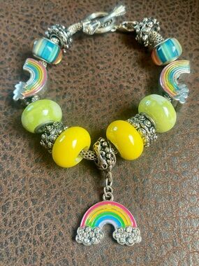 Fun Rainbow Charm Beaded Bracelet with Yellow & Lime Glass Beads, Toggle Clasp